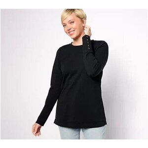 Denim & Co. Active Petite French Terry Long-Slv Tunic Snap Black, Pet L